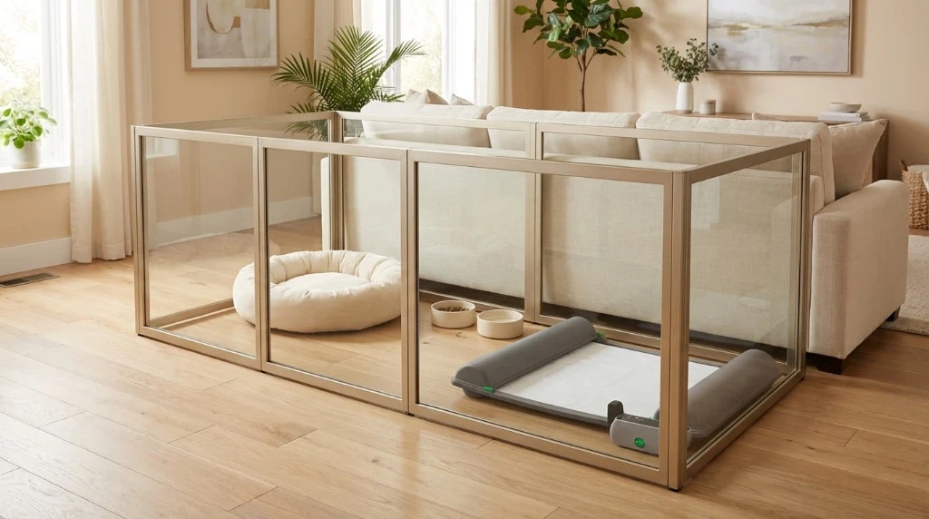 ZenDen training space: bed, bowls and BrilliantPad in a playpen